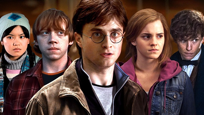 Katie Leung's Cho Chang, Rupert Grint's Ron Weasley, Daniel Radcliffe's Harry Potter, Emma Watson's Hermione Granger, and Eddie Redmayne's Newt Scamander in a composite image