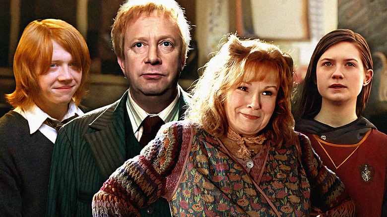 A collage of Arthur Weasley (Mark Williams) and Molly Weasley (Julie Walters) in the center in Harry Potter and the Order of the Phoenix, Ron Weasley (Rupert Grint) on the left side in Harry Potter and the Goblet of Fire, and Ginny Weasley (Bonnie Wright) on the right side in Harry Potter and the Half-Blood Prince.