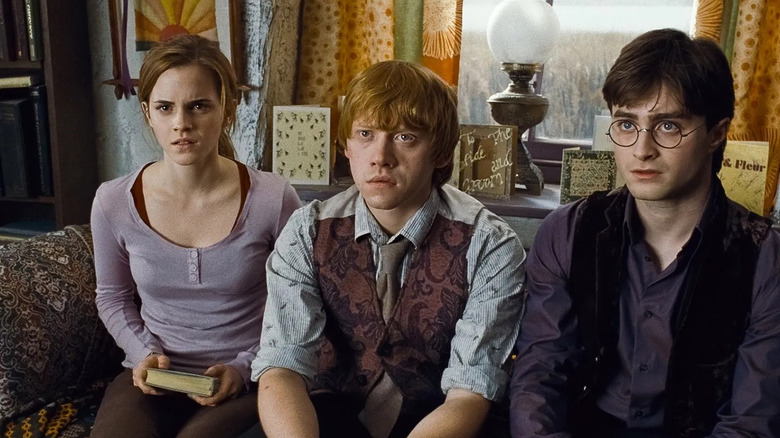 Hermione Ron and Harry looking shocked in Harry Potter and the Deathly Hallows Part 1