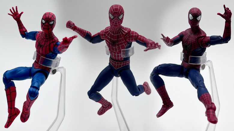 Marvel Legends Spider-Man: No Way Home, all three Spider-Man action figures leaping in the air
