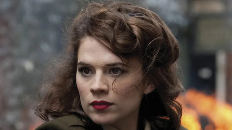 Hayley Atwell as Peggy, wearing red lipstick in Captain America: The First Avenger
