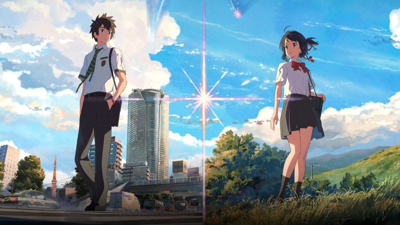 Taki and Mitsuha look at each other with a star between them in Your Name