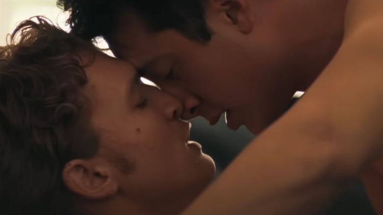 Ilya Rozanov and Shane Hollander sharing an intimate moment in Heated Rivalry