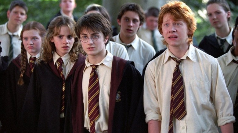 Hermione, Harry, and Ron looking shocked in Harry Potter and the Prisoner of Azkaban