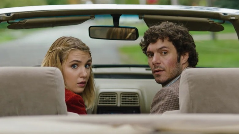 Kid Detective - Caroline and Abe Applebaum sitting in car, looking at the rear view