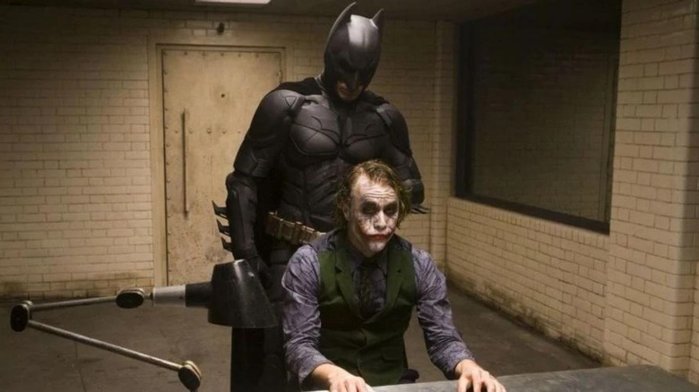 Heath Ledger and Christian Bale as the Joker and Batman in The Dark Knight