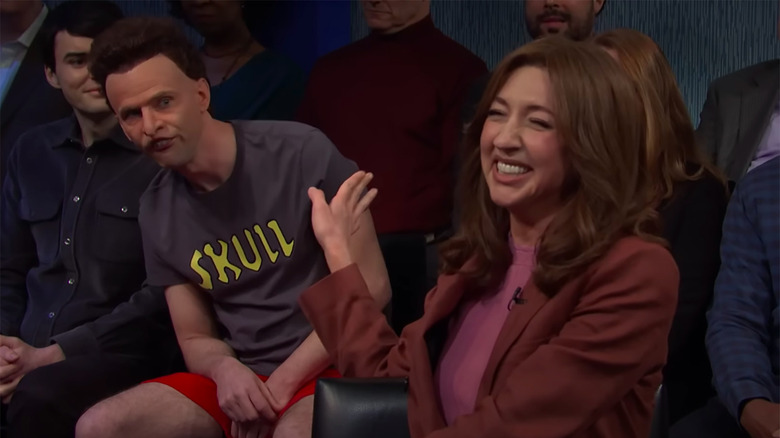 Heidi Gardner laughing during Saturday Night Live's Beavis and Butt-Head sketch