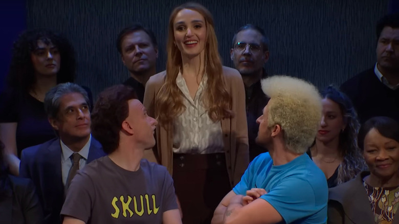 Chloe Fineman laughing at Mikey Day and Ryan Gosling as Beavis and Butt-Head on Saturday Night Live