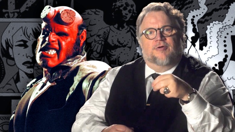 Ron Perlman as Hellboy and Guillermo del Toro from Guillermo del Toro's Cabinet of Curiosities on greyscale background of Mike Mignola Hellboy art