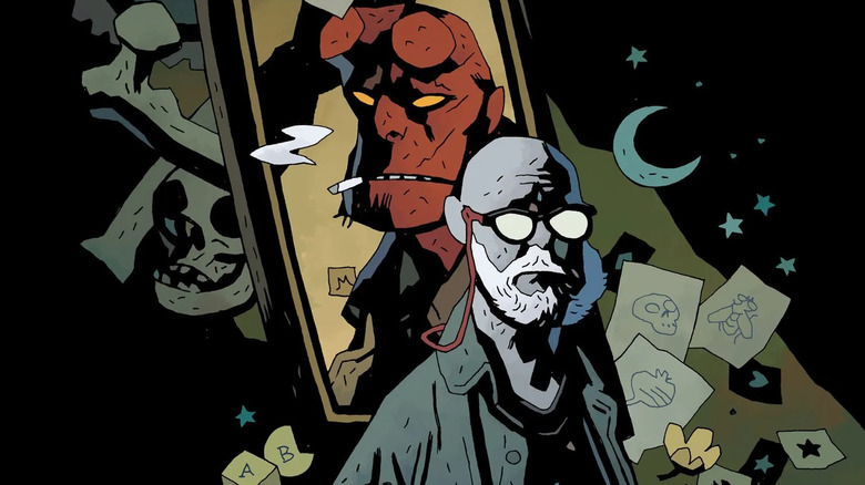 Cover of "Mignola: Drawing Monsters" featuring Mike Mignola and Hellboy, drawn by Mignola