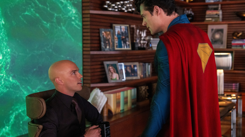 David Corenswet as Superman and Nicholas Hoult as Lex Luthor talking in Superman (2025)
