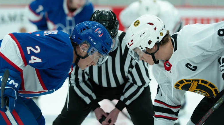 Shane Hollander and Ilya Rozanov facing off in Heated Rivalry