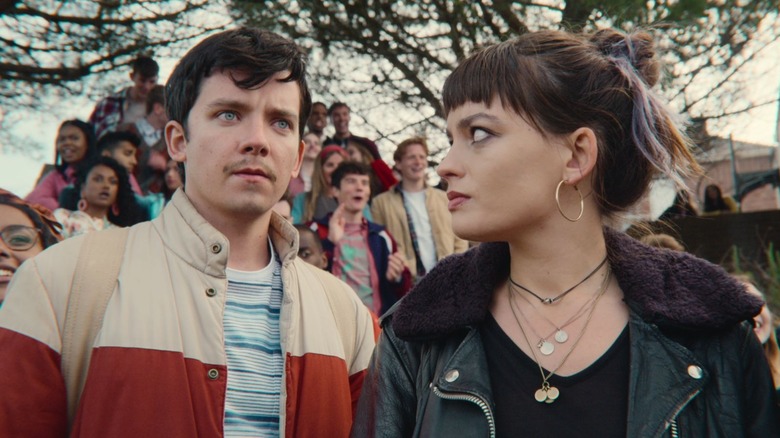 Asa Butterfield and Emma Mackey as Otis and Maeve in Sex Education