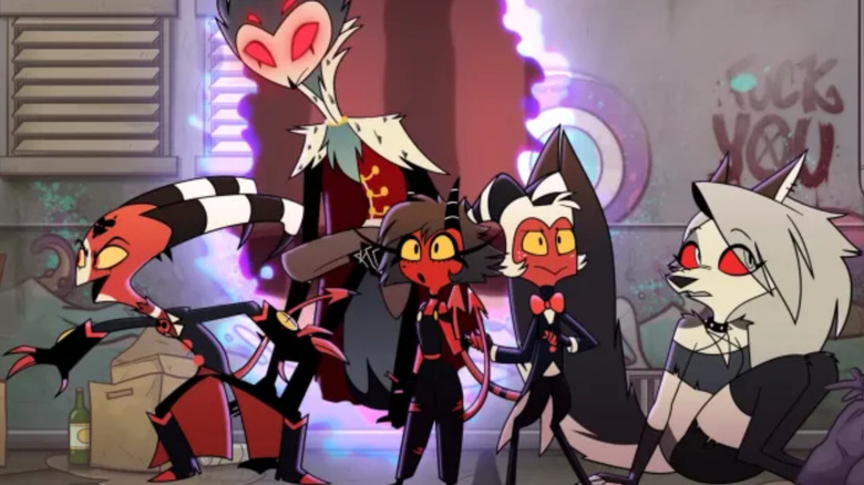 Blitzzo, Stolas, Moxxie, Millie, and Loona Standing together in Helluva Boss