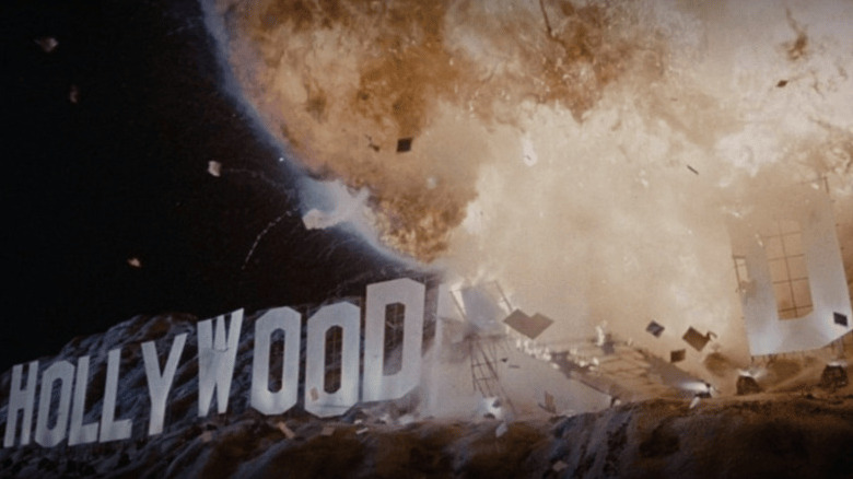 The Hollywoodland sign explosively eating it in The Rocketeer