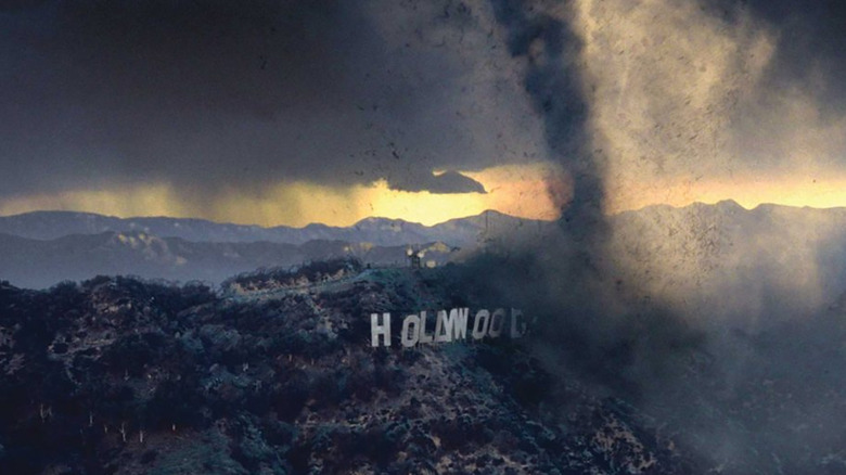 The Hollywood sign being destroyed by a tornado in The Day After Tomorrow