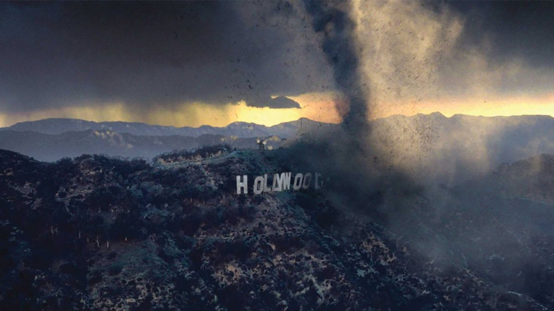 The Hollywood sign being destroyed by a tornado in The Day After Tomorrow