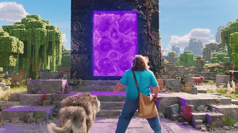 Steve outside a portal in A Minecraft Movie
