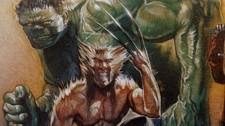 The Hulk stands behind Wolverine in a Marvel illustration by Drew Struzan