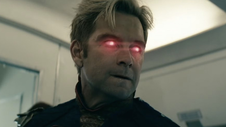 Homelander on plane with his laser eyes charged in The Boys