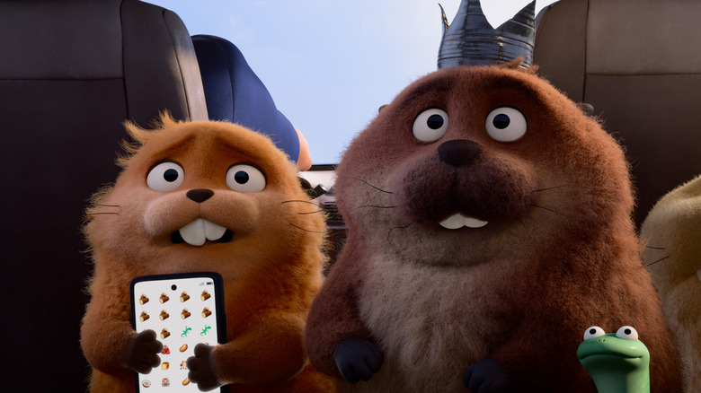 Mabel, King George, Tom, and Loaf in the car in Hoppers