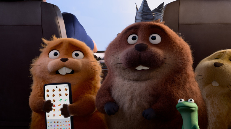 Mabel, King George, Tom, and Loaf in the back seat of Jerry's car in Hoppers