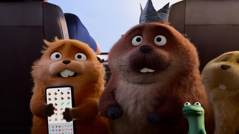 A trio of beavers and a lizard trying to communicate with a human using emojis in Hoppers