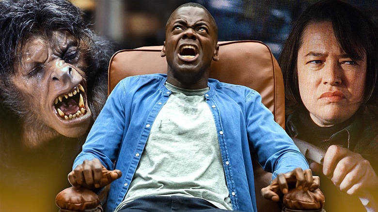 A composite image of the werewolf from AN AMERICAN WEREWOLF IN LONDON, Daniel Kaluuya as Chris in the chait in GET OUT, and Kathy Bates as Annie Wilkes clutching a steering wheel in MISERY