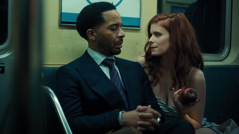 Andre Holland as Clay sitting by Kate Mara as Lula on the subway in The Dutchman