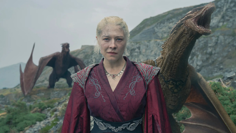 Emma D'Arcy as Rhaenyra Targaryen with her dragons on House of the Dragon