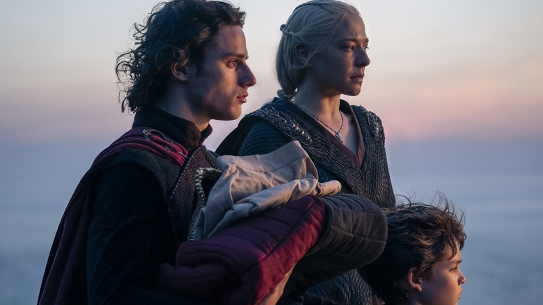 Harry Collett as Jacaerys Velaryon, Emma D'Arcy as Rhaenyra Targaryen, and Oscar Eskinazi as Joffrey Velaryon