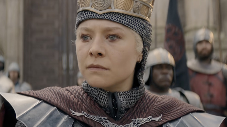 Emma D'Arcy as Rhaenyra Targaryen wearing a crown and chainmail in House of the Dragon