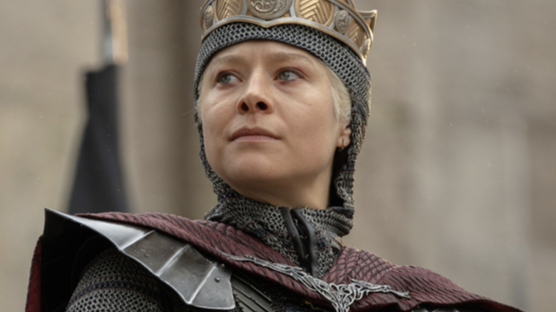 Emma D'Arcy as Rhaenyra Targaryen wearing a crown and chainmail in House of the Dragon