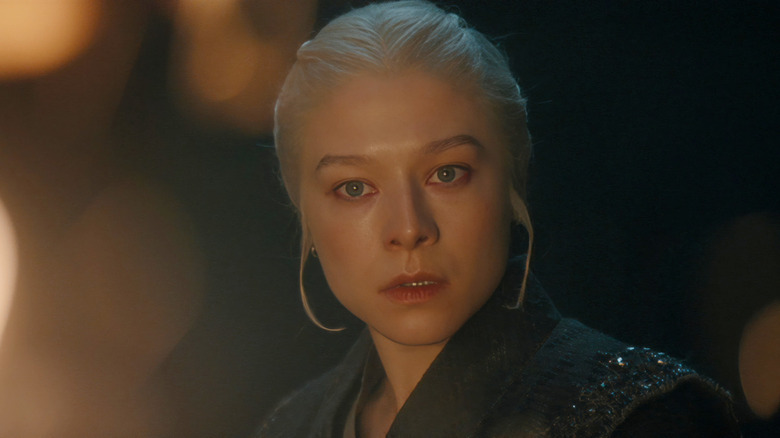 Emma D'Arcy as Queen Rhaeynra looking alarmed in House of the Dragon Season 3