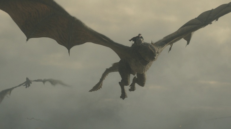 Jace flying on Vermax during the Battle of the Gullet on House of the Dragon