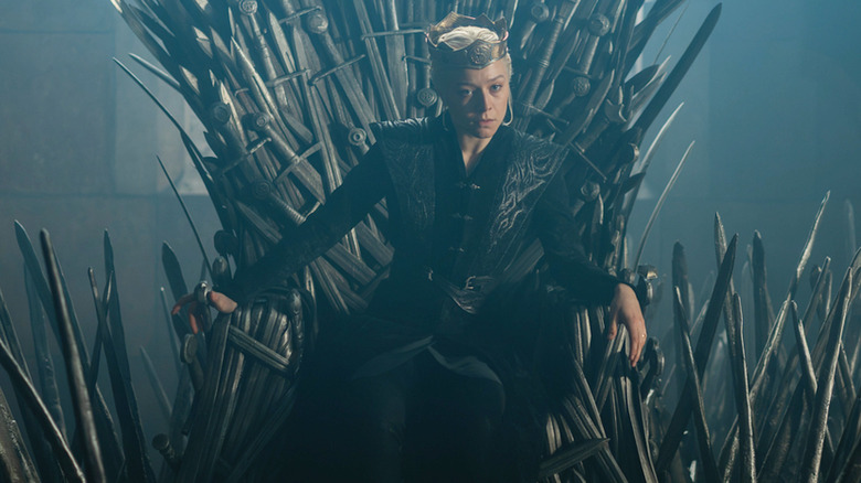 Emma D'Arcy as Rhaenyra sitting on the Iron Throne on House of the Dragon