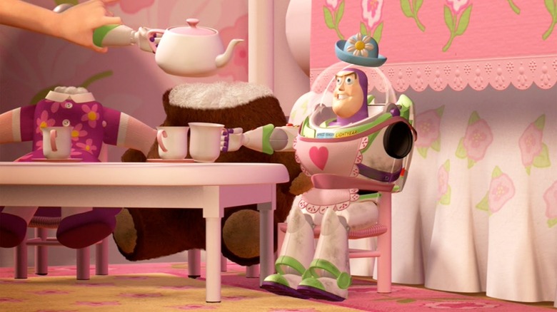 Buzz Lightyear suffering a psychotic break and adopting the Mrs. Nesbitt persona - Toy Story