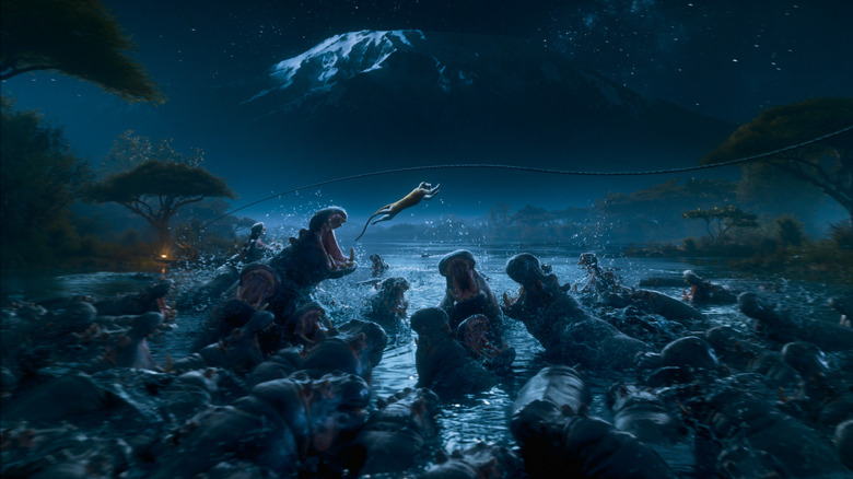 A group of giant hippos in a river attacking a tiger leaping over them in Varanasi