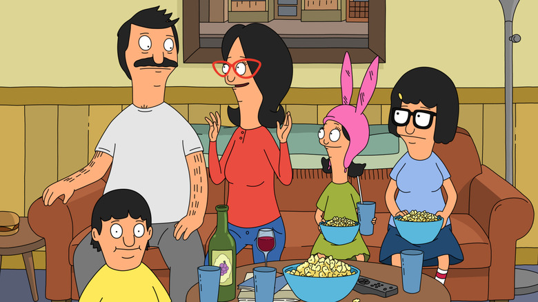 The Belcher family sitting on the couch in Bob's Burgers
