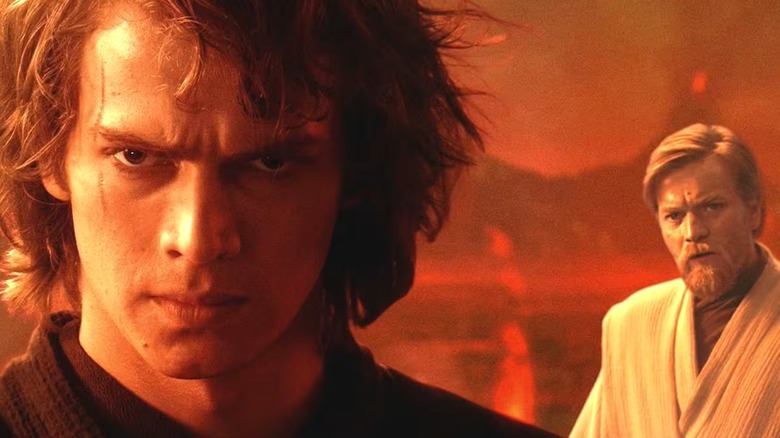 Anakin looks ahead in disdain as Obi-Wan confronts him in Revenge of the Sith