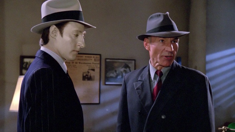 Data and Picard dressed in 1940s clothing in Star Trek: The Next Generation