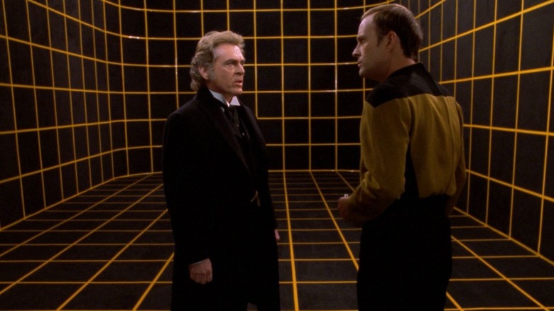 Moriarty on the holodeck wit Barclay in the foreground on Star Trek: The Next Generation