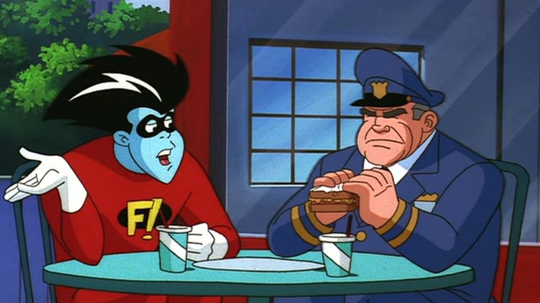 Freakazoid and Sergeant Cosgrove having lunch together on Freakazoid!