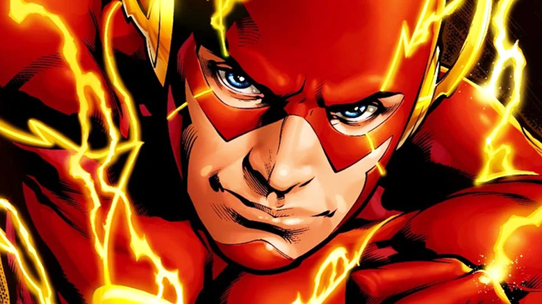 The Flash is seen surrounded by yellow lightning in closeup