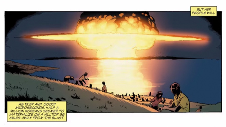 People are shown on a hillside looking at a nuclear explosion in the distance in a panel from a Flash comic