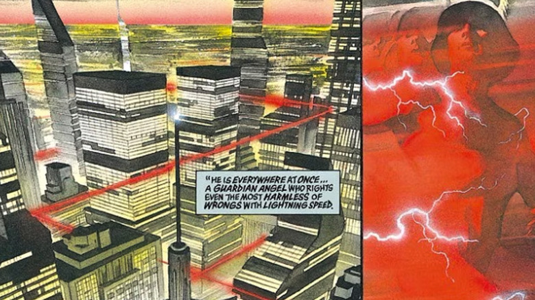 The Flash is seen as a constant stream of light through a city in the Kingdom Come storyline