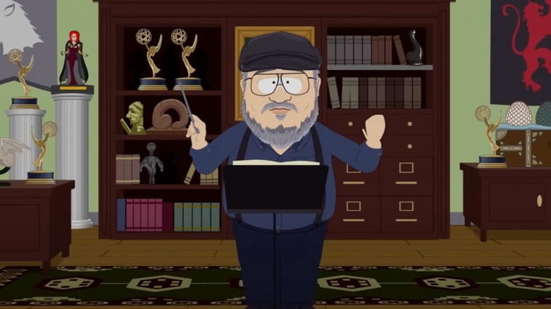 George R. R. Martin lifts a baton as he prepares to direct an orchestra in South Park