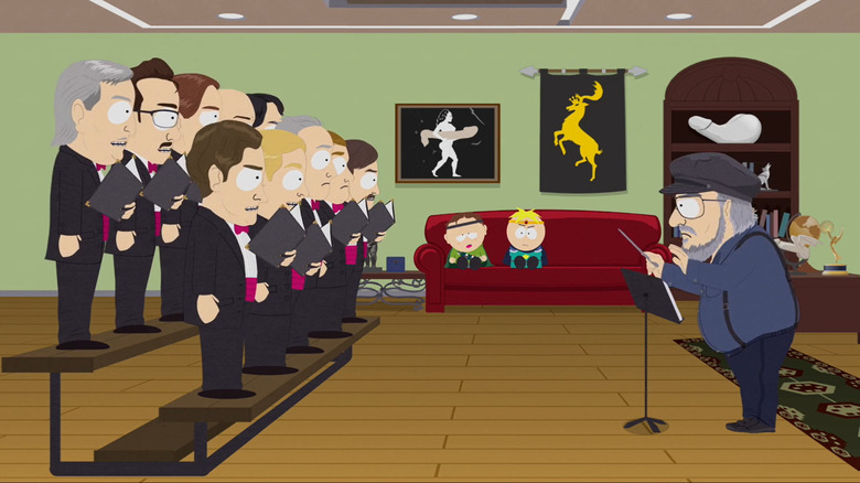 George R.R. Martin directs an orchestra while surrounded by penis-shaped memorabilia in South Park