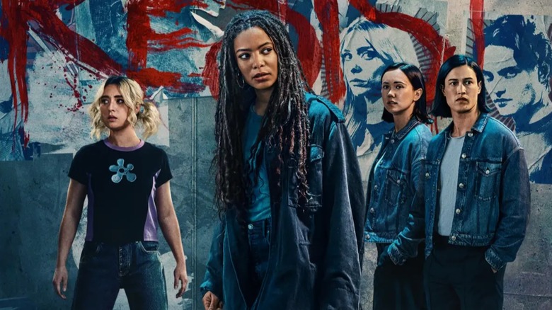 Gen V season 2 poster: Emma, Marie, and Jordan in front of street art of Cate and Sam