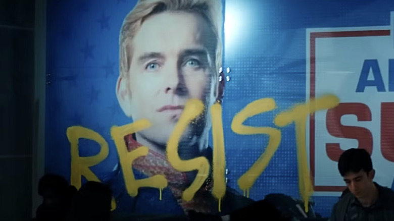 Gen V - poster of Homelander with "resist" painted on it